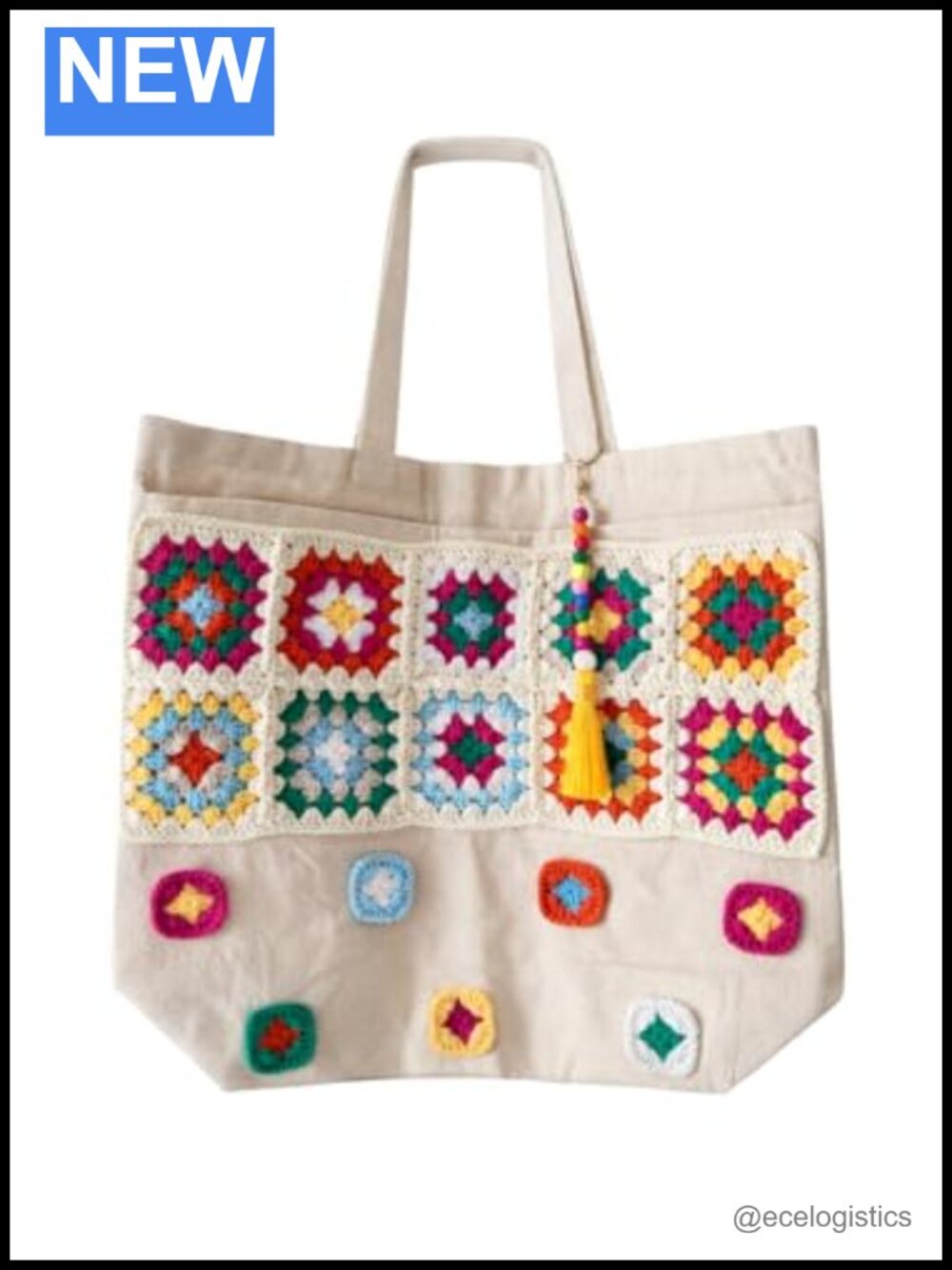 Boho Handmade Crochet Granny Square Tote Bag with Canvas Straps, Large 16x18\"